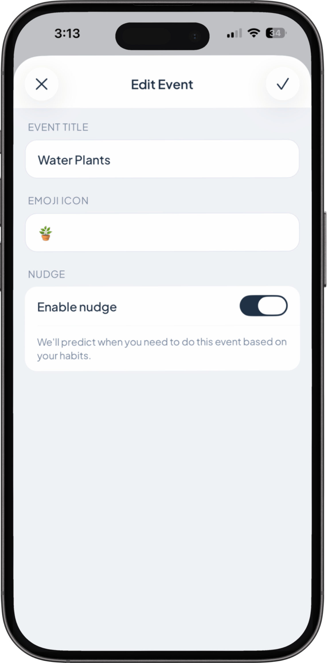 LogMe create event screen with emoji picker